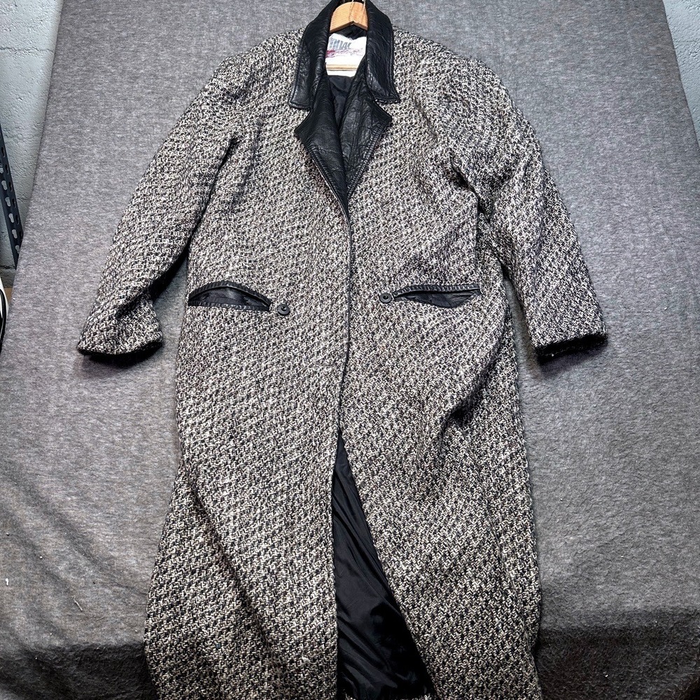 Vintage Dual Control Trench Coat Women L Gray Tweed Leather Trim Long Jacket 70s